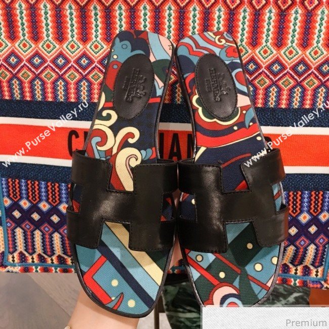 Hermes Oran Slide Flat Sandals on Print Insole Black 2019 (KL-9031117)