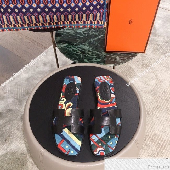 Hermes Oran Slide Flat Sandals on Print Insole Black 2019 (KL-9031117)