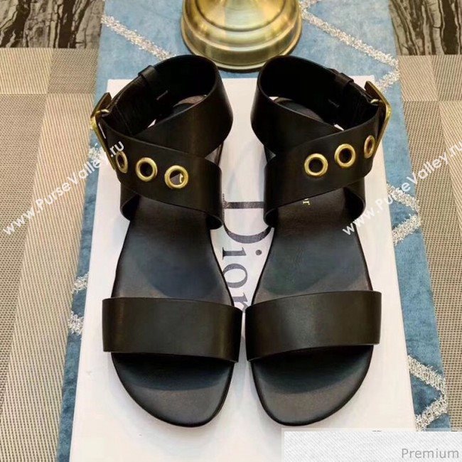 Dior D-Dior Flat Sandals in Black Calfskin 2019 (DLY-9041004)