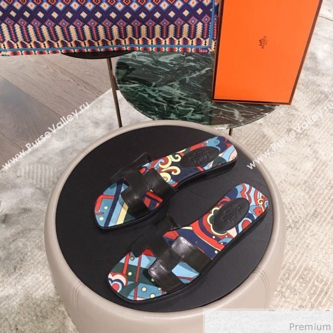 Hermes Oran Slide Flat Sandals on Print Insole Black 2019 (KL-9031117)