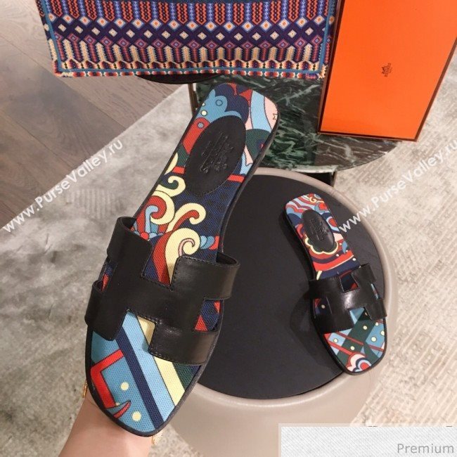 Hermes Oran Slide Flat Sandals on Print Insole Black 2019 (KL-9031117)