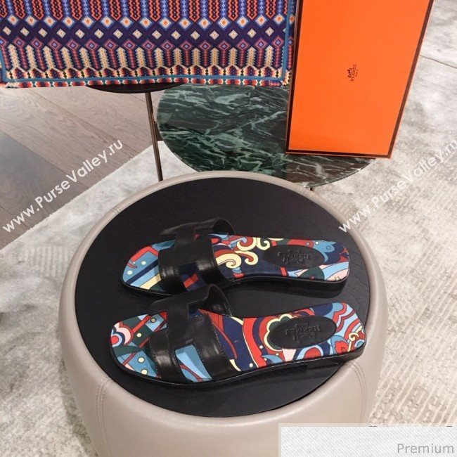 Hermes Oran Slide Flat Sandals on Print Insole Black 2019 (KL-9031117)
