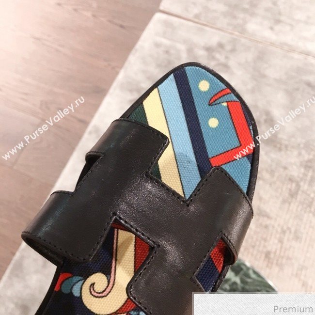 Hermes Oran Slide Flat Sandals on Print Insole Black 2019 (KL-9031117)