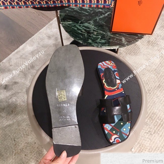 Hermes Oran Slide Flat Sandals on Print Insole Black 2019 (KL-9031117)