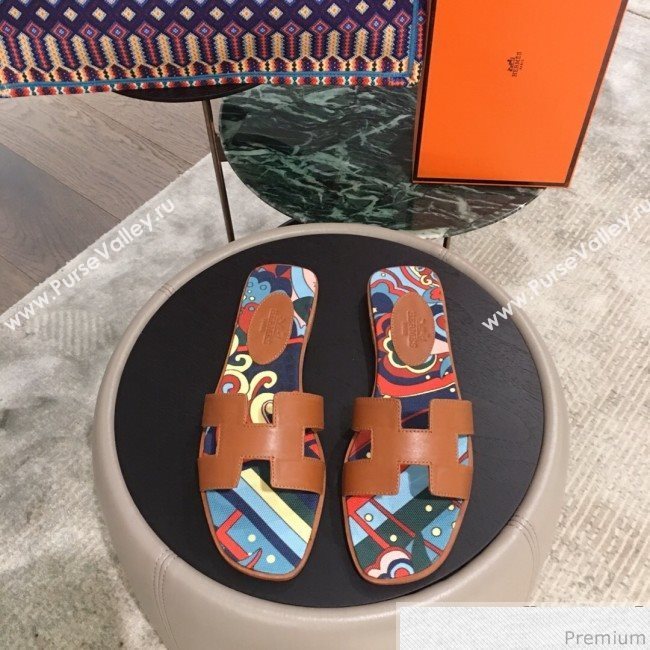Hermes Oran Slide Flat Sandals on Print Insole Brown 2019 (KL-9031120)