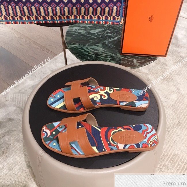 Hermes Oran Slide Flat Sandals on Print Insole Brown 2019 (KL-9031120)