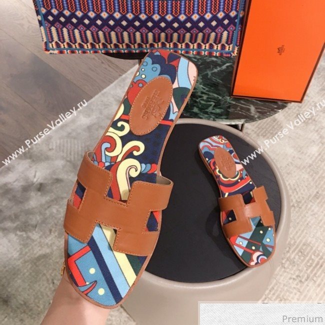 Hermes Oran Slide Flat Sandals on Print Insole Brown 2019 (KL-9031120)