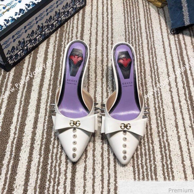 Gucci Leather Spikes Heel Mules with Bow White 2019 (DLY-9031127)