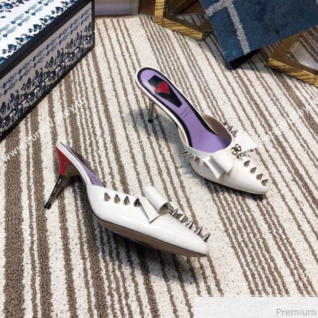Gucci Leather Spikes Heel Mules with Bow White 2019 (DLY-9031127)