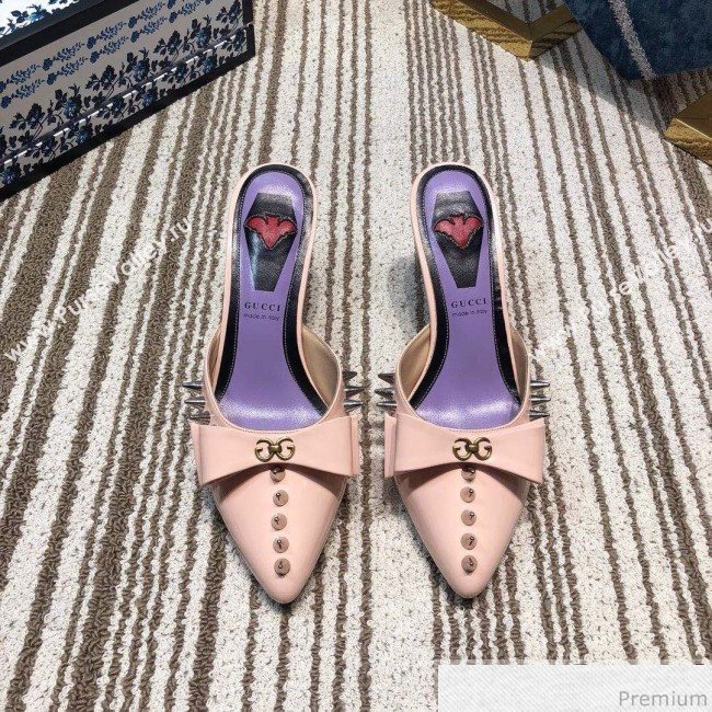 Gucci Leather Spikes Heel Mules with Bow Pink 2019 (DLY-9031128)