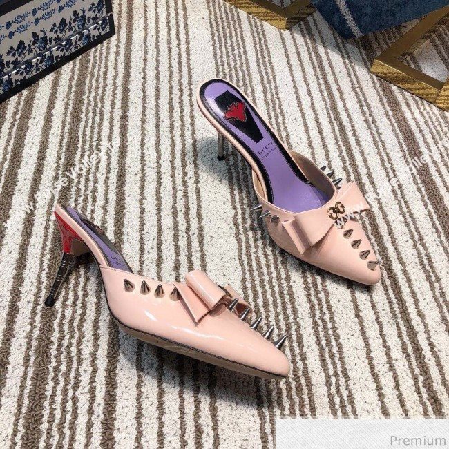 Gucci Leather Spikes Heel Mules with Bow Pink 2019 (DLY-9031128)