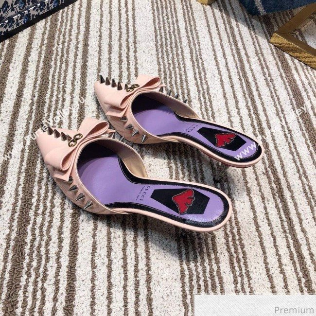 Gucci Leather Spikes Heel Mules with Bow Pink 2019 (DLY-9031128)