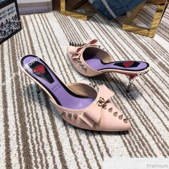 Gucci Leather Spikes Heel Mules with Bow Pink 2019 (DLY-9031128)