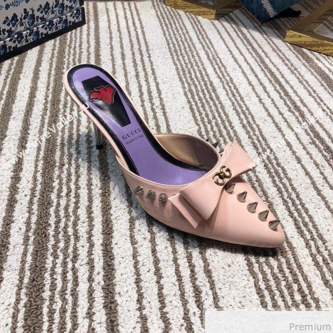 Gucci Leather Spikes Heel Mules with Bow Pink 2019 (DLY-9031128)