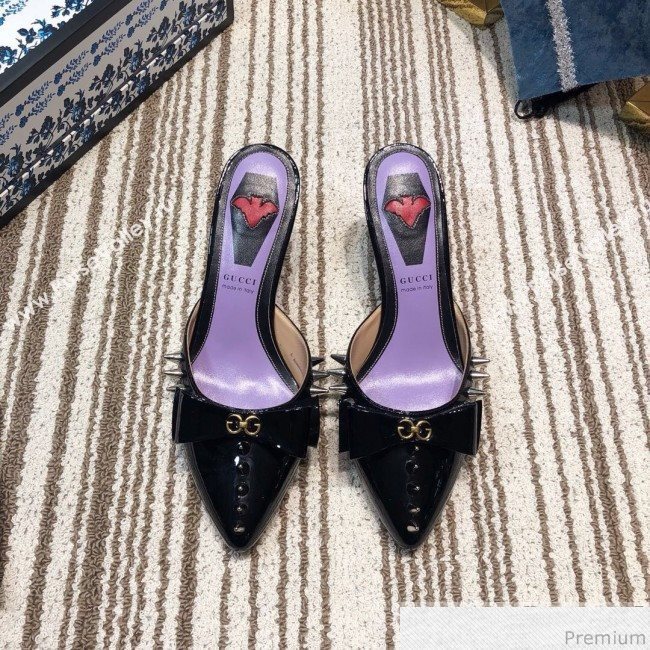 Gucci Leather Spikes Heel Mules with Bow Black 2019 (DLY-9031129)