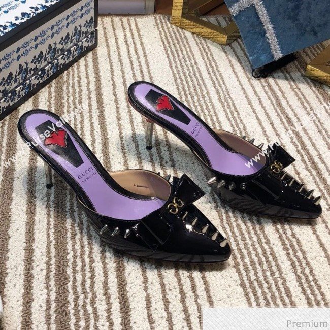 Gucci Leather Spikes Heel Mules with Bow Black 2019 (DLY-9031129)