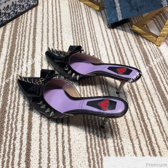 Gucci Leather Spikes Heel Mules with Bow Black 2019 (DLY-9031129)