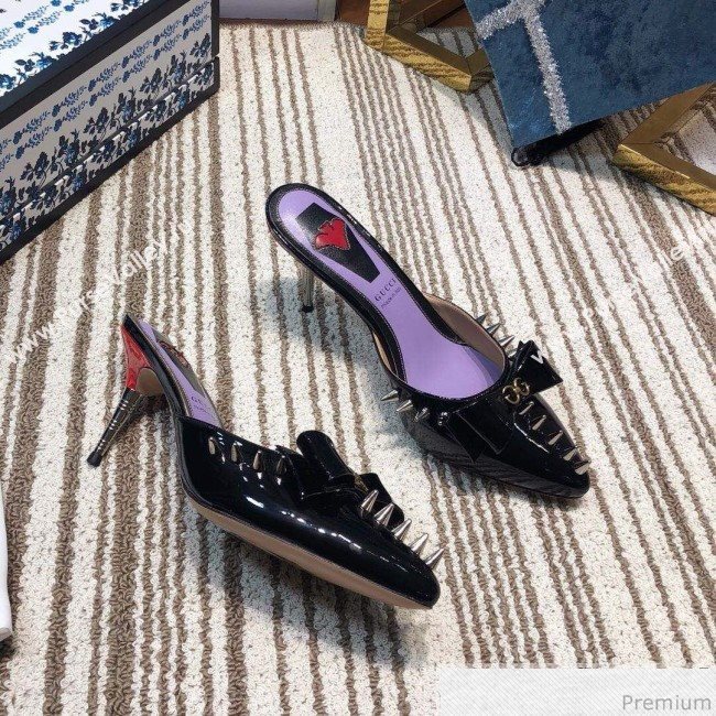 Gucci Leather Spikes Heel Mules with Bow Black 2019 (DLY-9031129)