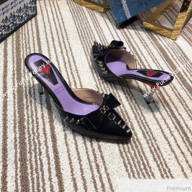 Gucci Leather Spikes Heel Mules with Bow Black 2019 (DLY-9031129)