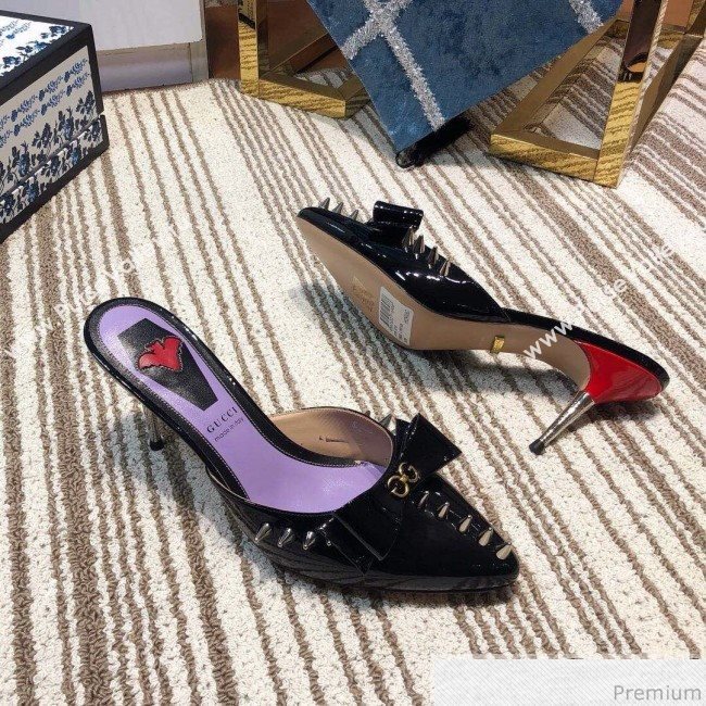 Gucci Leather Spikes Heel Mules with Bow Black 2019 (DLY-9031129)