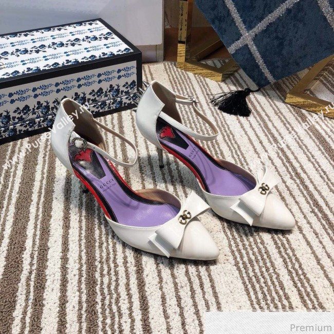 Gucci Leather Spikes Ankle Strap Heel Pumps with Bow White 2019 (DLY-9031130)