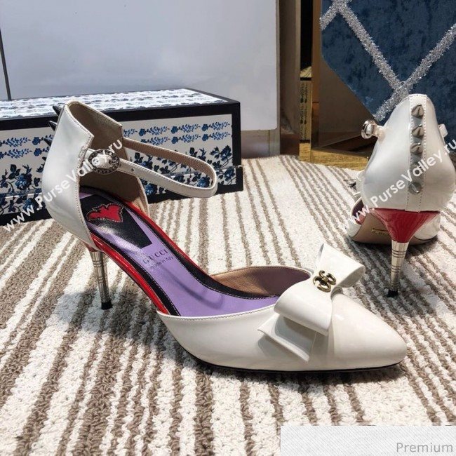 Gucci Leather Spikes Ankle Strap Heel Pumps with Bow White 2019 (DLY-9031130)