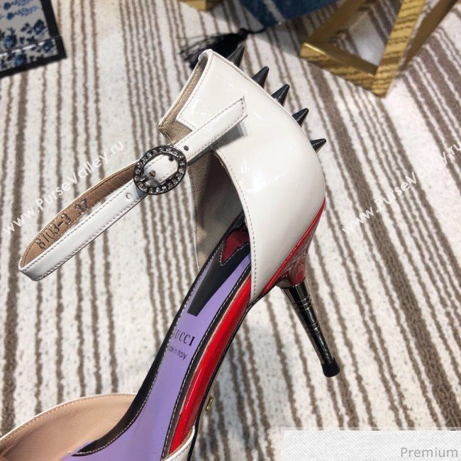 Gucci Leather Spikes Ankle Strap Heel Pumps with Bow White 2019 (DLY-9031130)