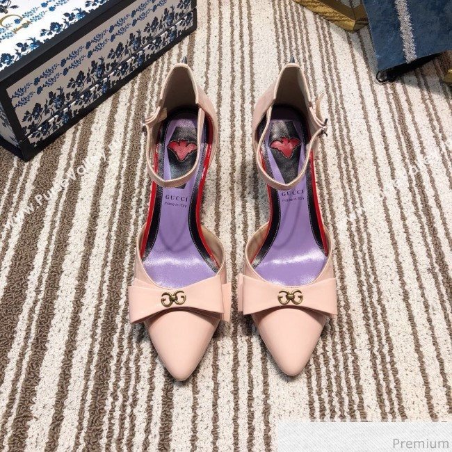 Gucci Leather Spikes Ankle Strap Heel Pumps with Bow Pink 2019 (DLY-9031131)