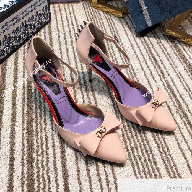 Gucci Leather Spikes Ankle Strap Heel Pumps with Bow Pink 2019 (DLY-9031131)