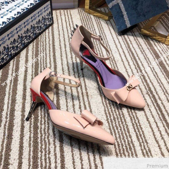 Gucci Leather Spikes Ankle Strap Heel Pumps with Bow Pink 2019 (DLY-9031131)