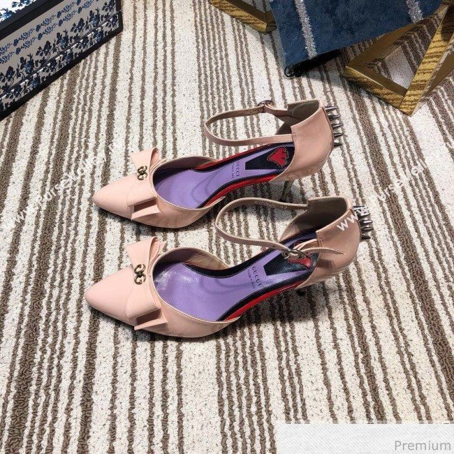 Gucci Leather Spikes Ankle Strap Heel Pumps with Bow Pink 2019 (DLY-9031131)