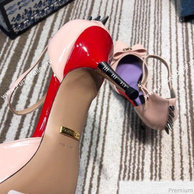 Gucci Leather Spikes Ankle Strap Heel Pumps with Bow Pink 2019 (DLY-9031131)