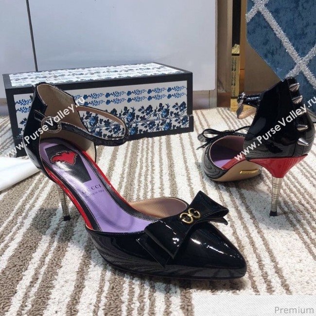 Gucci Leather Spikes Ankle Strap Heel Pumps with Bow Black 2019 (DLY-9031132)