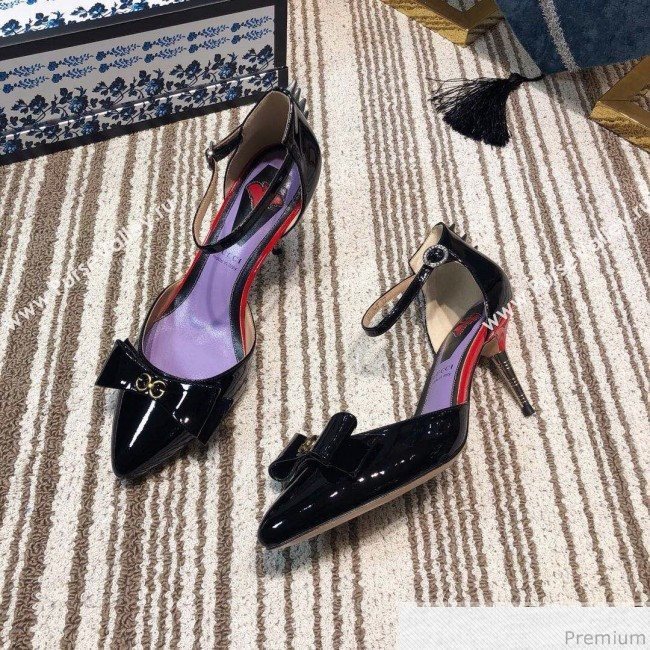 Gucci Leather Spikes Ankle Strap Heel Pumps with Bow Black 2019 (DLY-9031132)