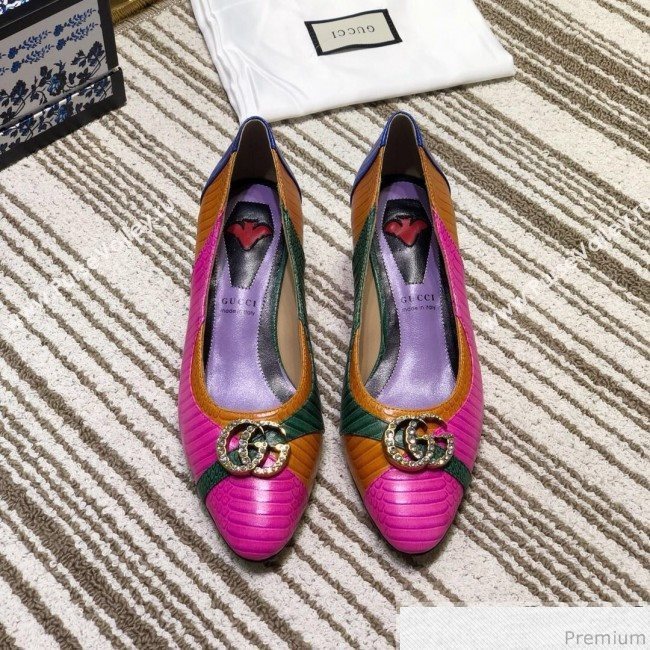 Gucci Snakeskin Pump with Crystal Double G 548854 Blue/Yellow/Pink 2019 (DLY-9031137)