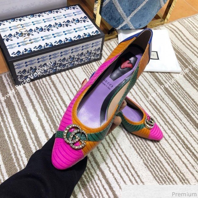 Gucci Snakeskin Pump with Crystal Double G 548854 Blue/Yellow/Pink 2019 (DLY-9031137)