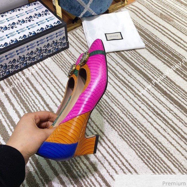 Gucci Snakeskin Pump with Crystal Double G 548854 Blue/Yellow/Pink 2019 (DLY-9031137)
