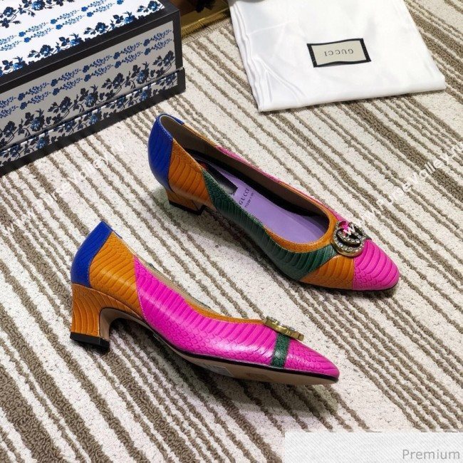 Gucci Snakeskin Pump with Crystal Double G 548854 Blue/Yellow/Pink 2019 (DLY-9031137)