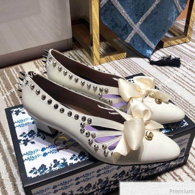 Gucci Cutout Studs Leather Pump with Bow Vintage White 2019 (DLY-9031142)