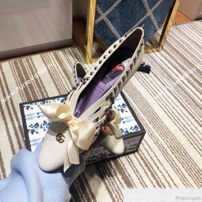 Gucci Cutout Studs Leather Pump with Bow Vintage White 2019 (DLY-9031142)