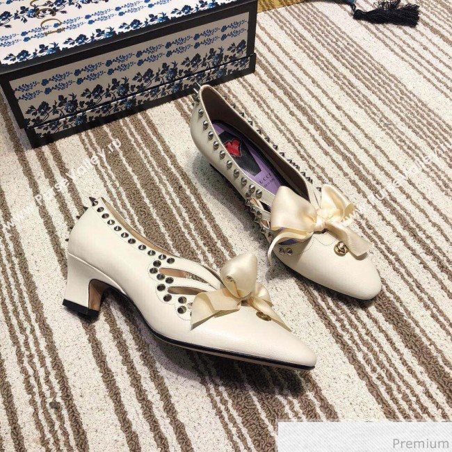 Gucci Cutout Studs Leather Pump with Bow Vintage White 2019 (DLY-9031142)