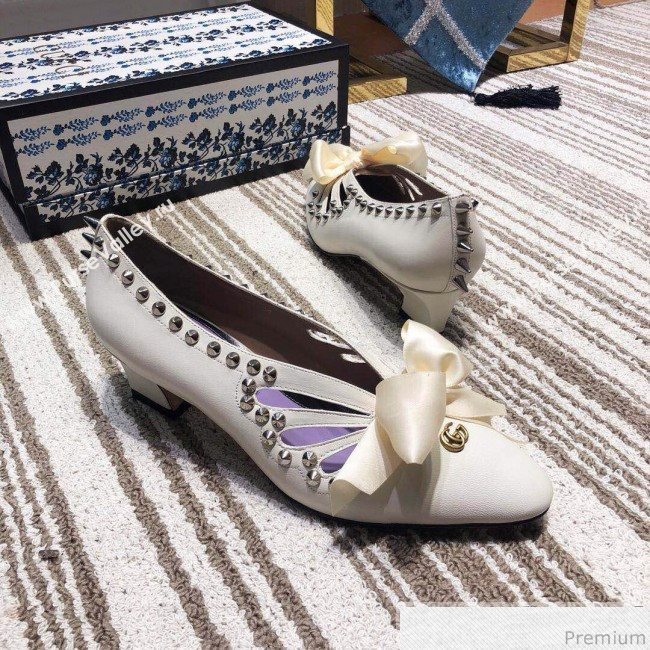 Gucci Cutout Studs Leather Pump with Bow Vintage White 2019 (DLY-9031142)