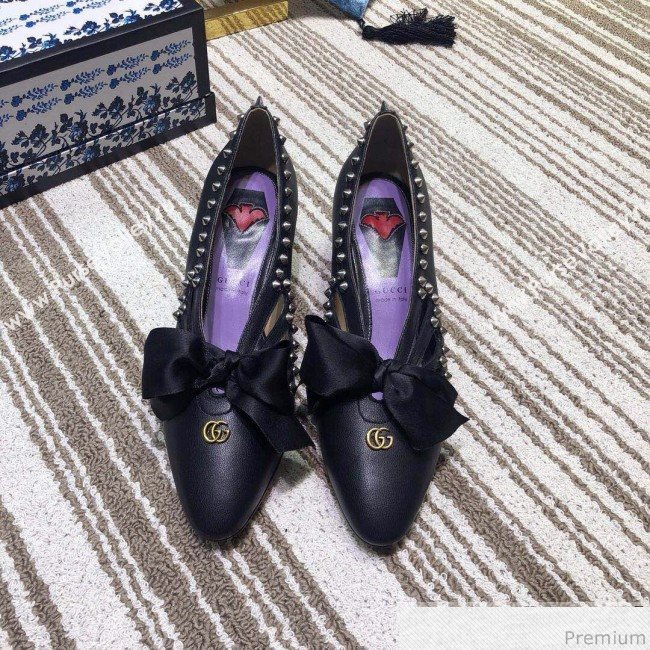 Gucci Cutout Studs Leather Pump with Bow Vintage Black 2019 (DLY-9031144)