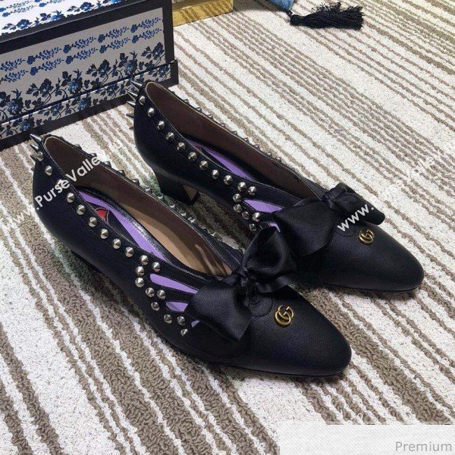 Gucci Cutout Studs Leather Pump with Bow Vintage Black 2019 (DLY-9031144)