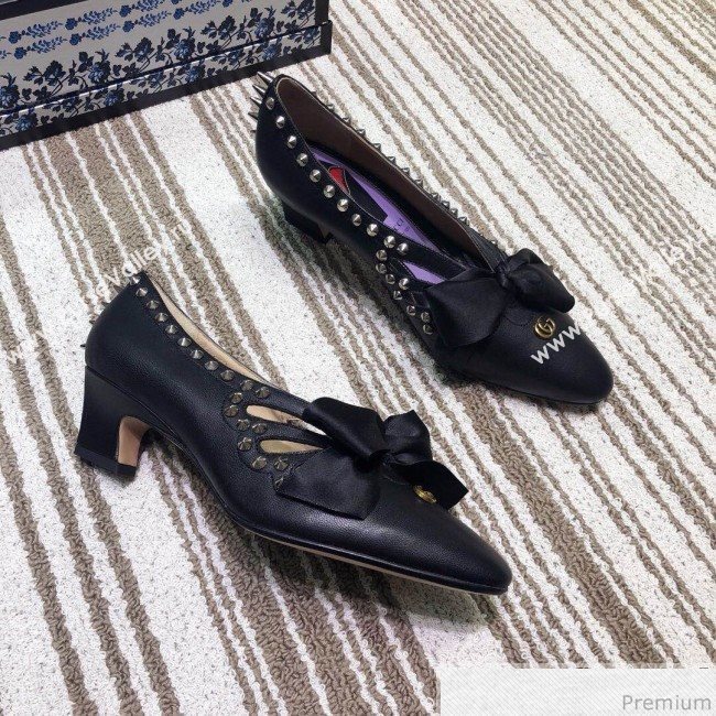 Gucci Cutout Studs Leather Pump with Bow Vintage Black 2019 (DLY-9031144)