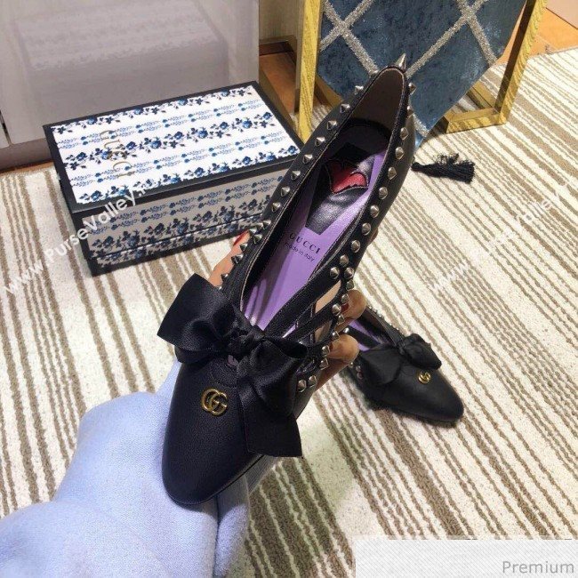 Gucci Cutout Studs Leather Pump with Bow Vintage Black 2019 (DLY-9031144)