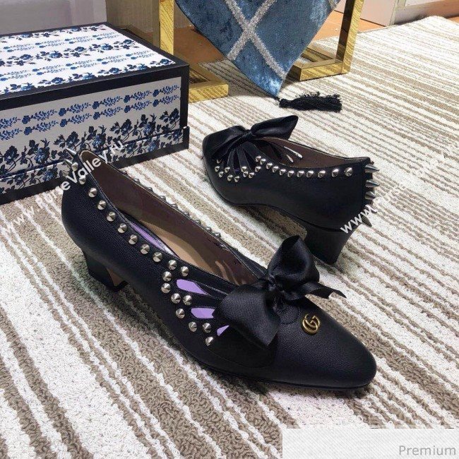 Gucci Cutout Studs Leather Pump with Bow Vintage Black 2019 (DLY-9031144)