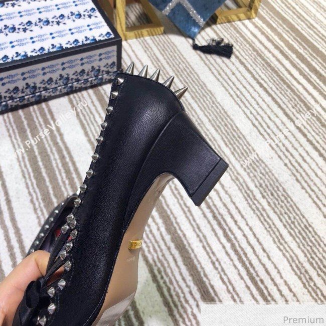 Gucci Cutout Studs Leather Pump with Bow Vintage Black 2019 (DLY-9031144)