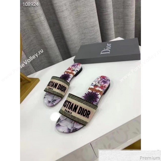 Dior Dway Embroidered Cotton Flat Slide Sandals Purple 2019 (LEG-9031162)