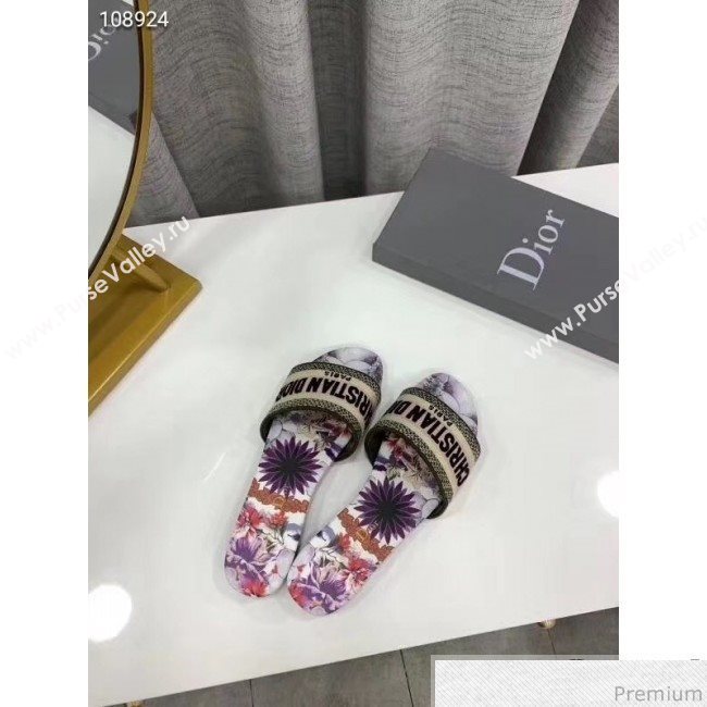 Dior Dway Embroidered Cotton Flat Slide Sandals Purple 2019 (LEG-9031162)